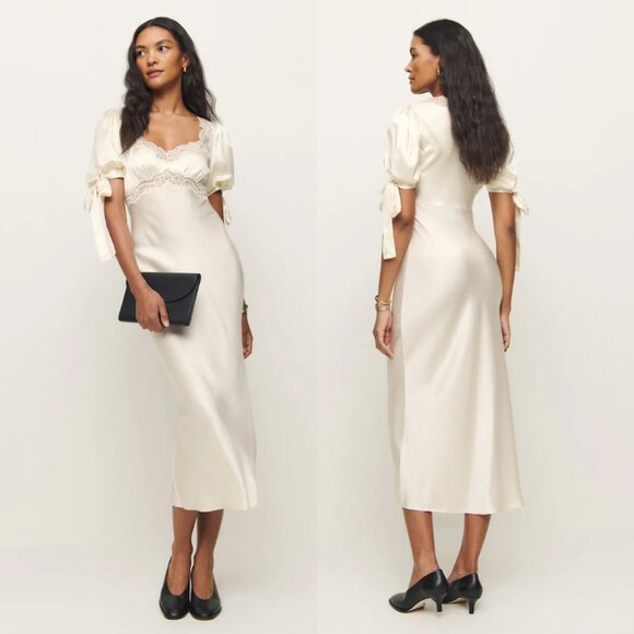 NWT Reformation Stella Midi Silk Dress Sz 8 Ivory Lace Trim Puff Sleeves - Picture 1 of 12